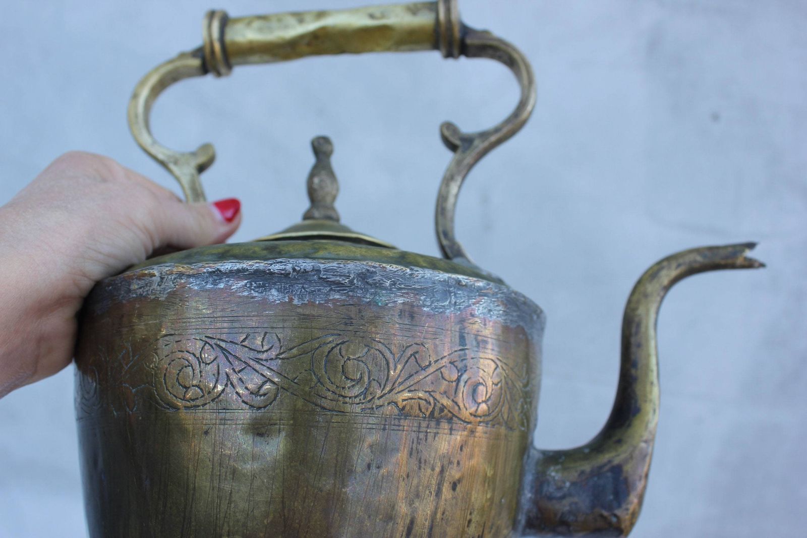 Copper Brass Kettle Moroccan Embossed Large Kettle Tea Pot High Handle Ornate Design