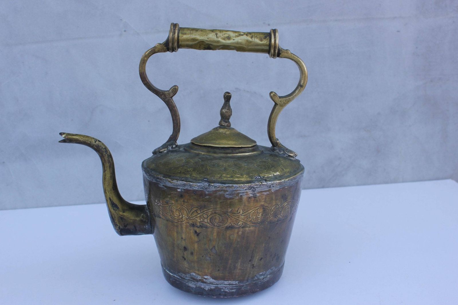 Copper Brass Kettle Moroccan Embossed Large Kettle Tea Pot High Handle Ornate Design photo furniture