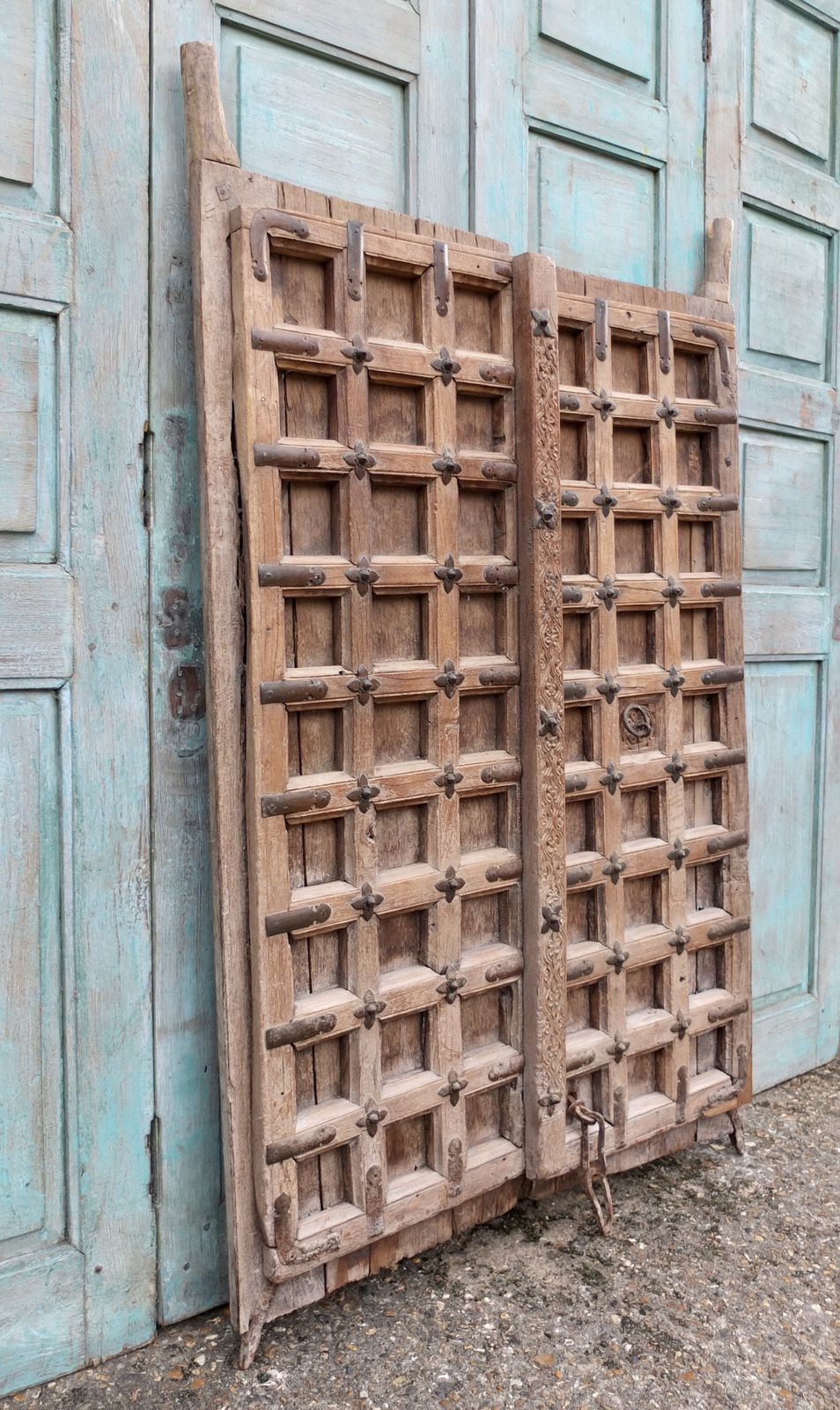 photo for sale A Stunning Pair Of Large Antique Indian Studded Panelled Wooden Doors
