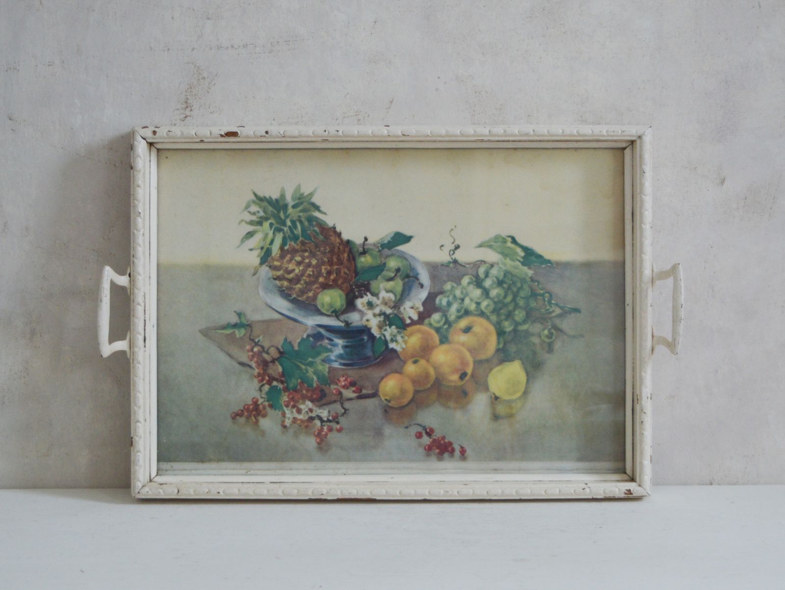 Rare Shabby Chic Hand Made Serving Tray, Large Heavy White Wood Glass Insert, Art Print Still Life Fruit  50x 33cm