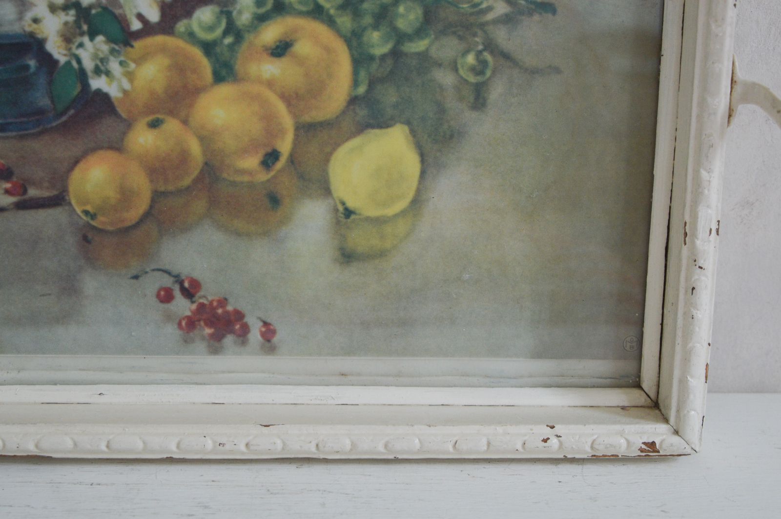 Rare Shabby Chic Hand Made Serving Tray, Large Heavy White Wood Glass Insert, Art Print Still Life Fruit  50x 33cm photo furniture
