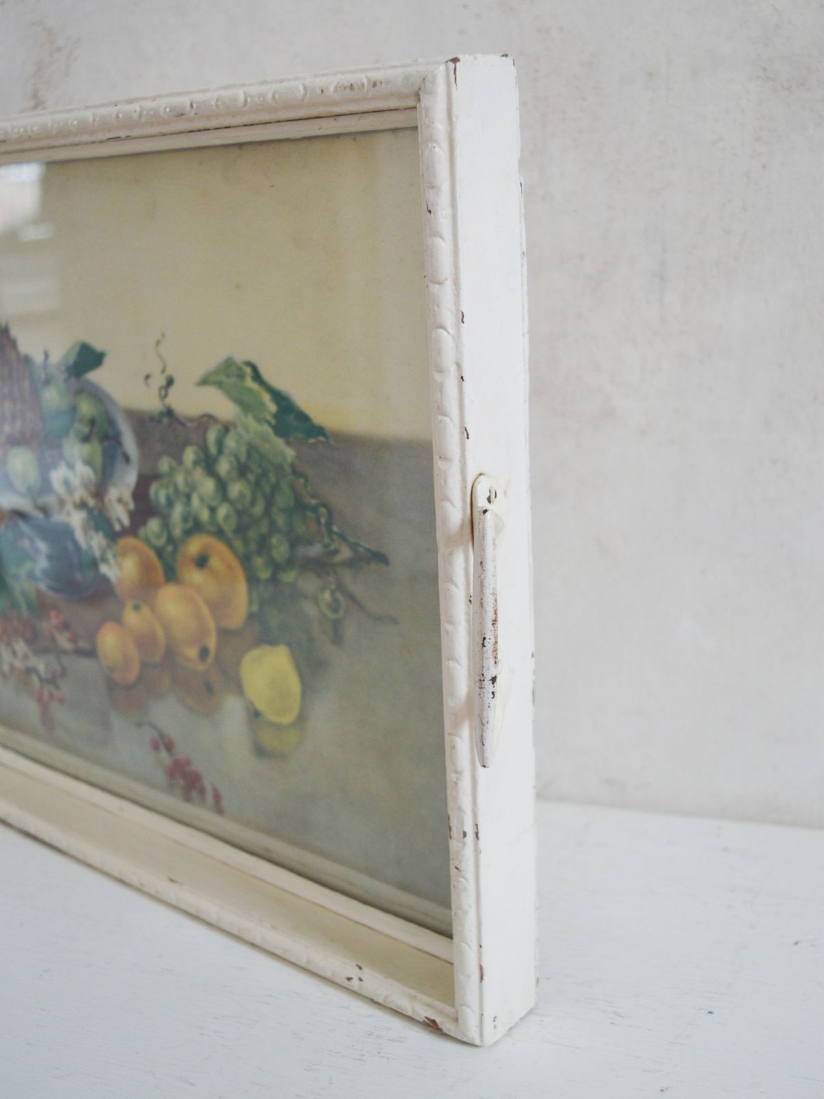 Rare Shabby Chic Hand Made Serving Tray, Large Heavy White Wood Glass Insert, Art Print Still Life Fruit  50x 33cm photo Home Decor