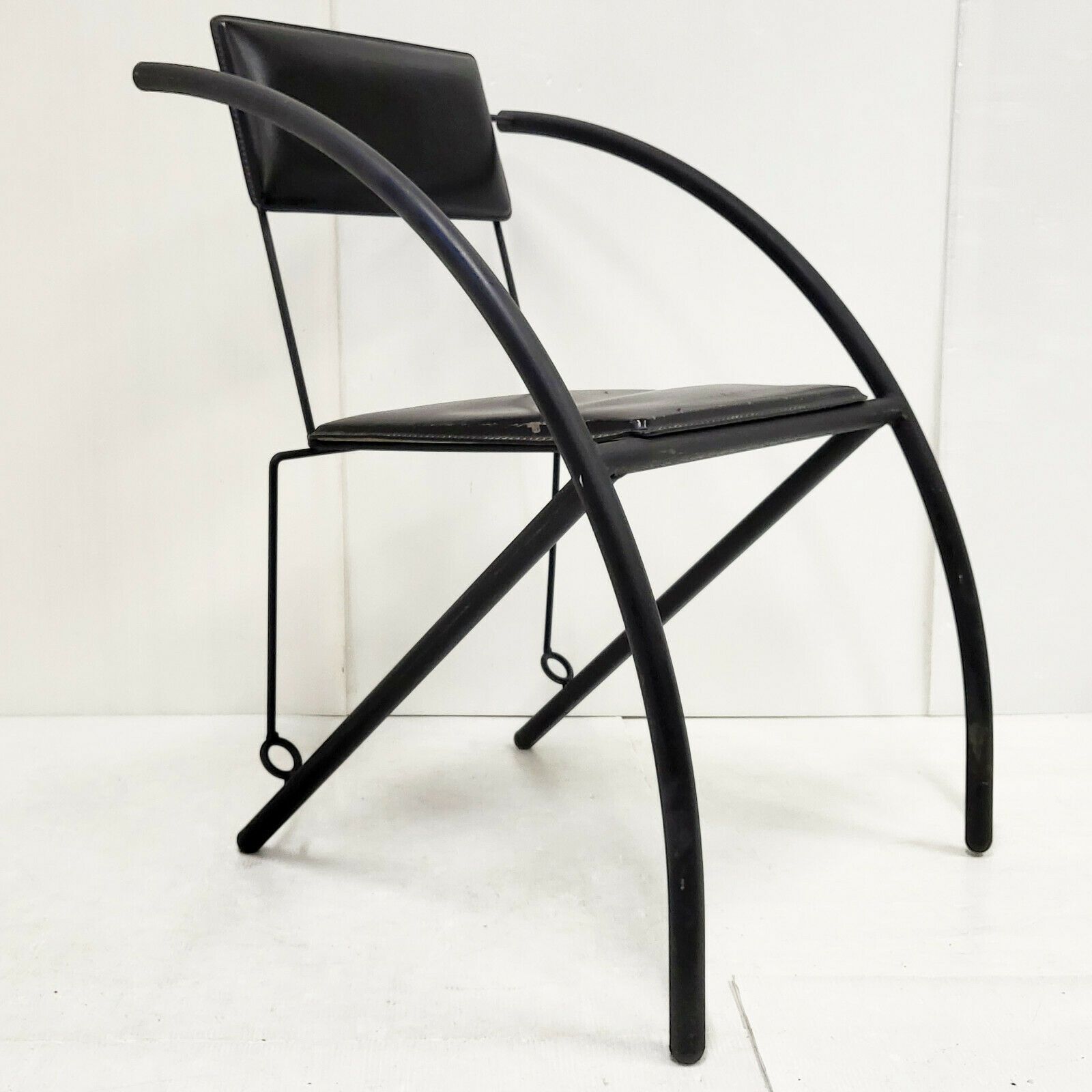 1980 Vintage Chair In Lacquered Steel & Black Leather