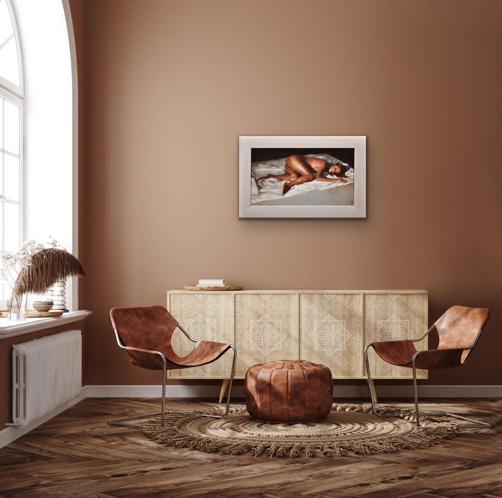 photo vintage David Knight B.1965.  English. White Linen. Oil On Canvas. Framed. Reclining Female Nude Pose. Artist Lives & Works In Cardiff, Wales.
