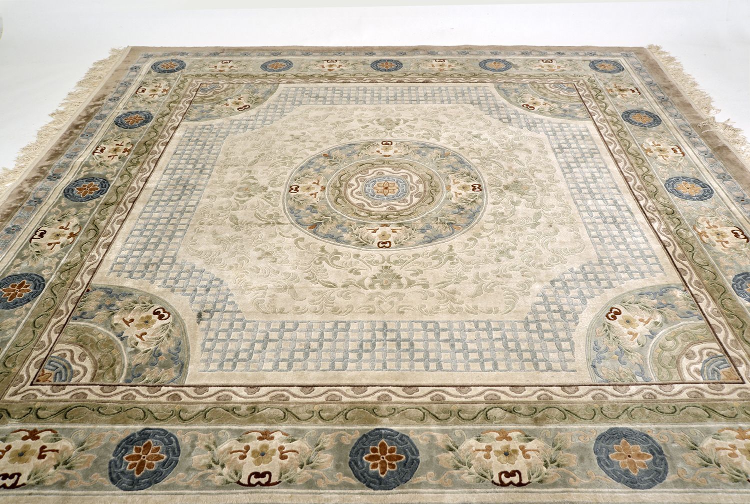 Large Oriental 20th Century Chinese  Silk Rug Cream Green Blue Rust Lotus Flowers photo buy