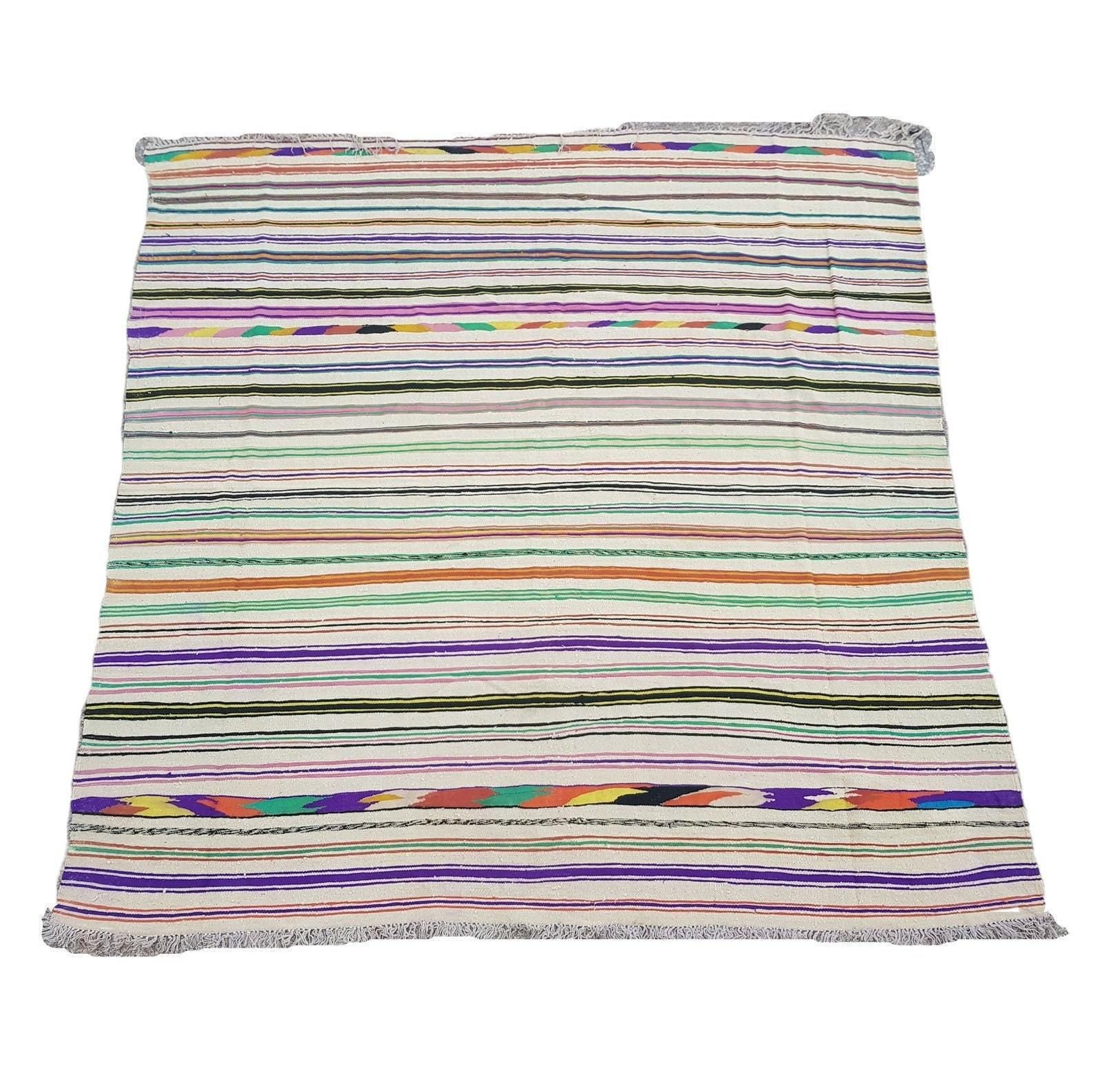 Xl Handmade Striped Vintage Algerian Square Area Rug    Berber Ethnic Carpet 196 X 196cm