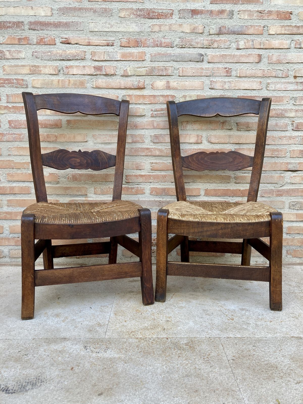 Mid Century French Oak And Rush Armchairs, Set Of 2