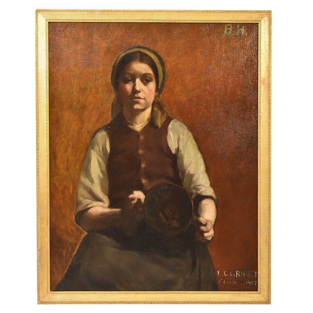 Antique Young Woman Portrait Painting, French Oil  On Canvas, 20th Century. (Qr 318)   