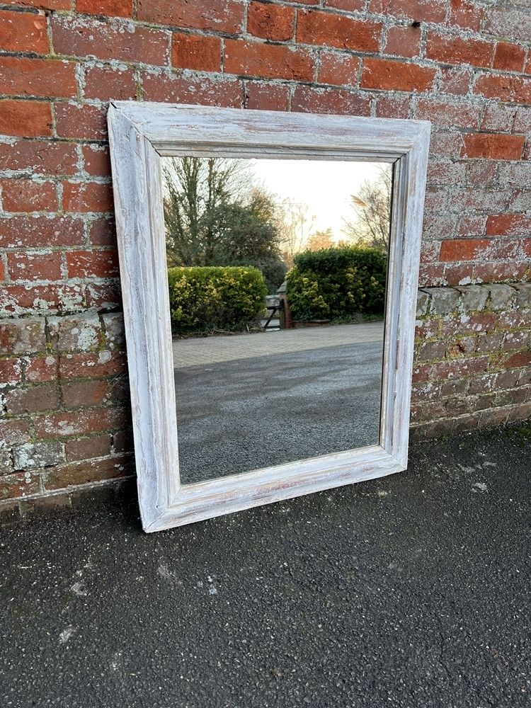 A Highly Useful Size Antique French 19th Century Carved Wood & Gesso Distressed Painted Mirror