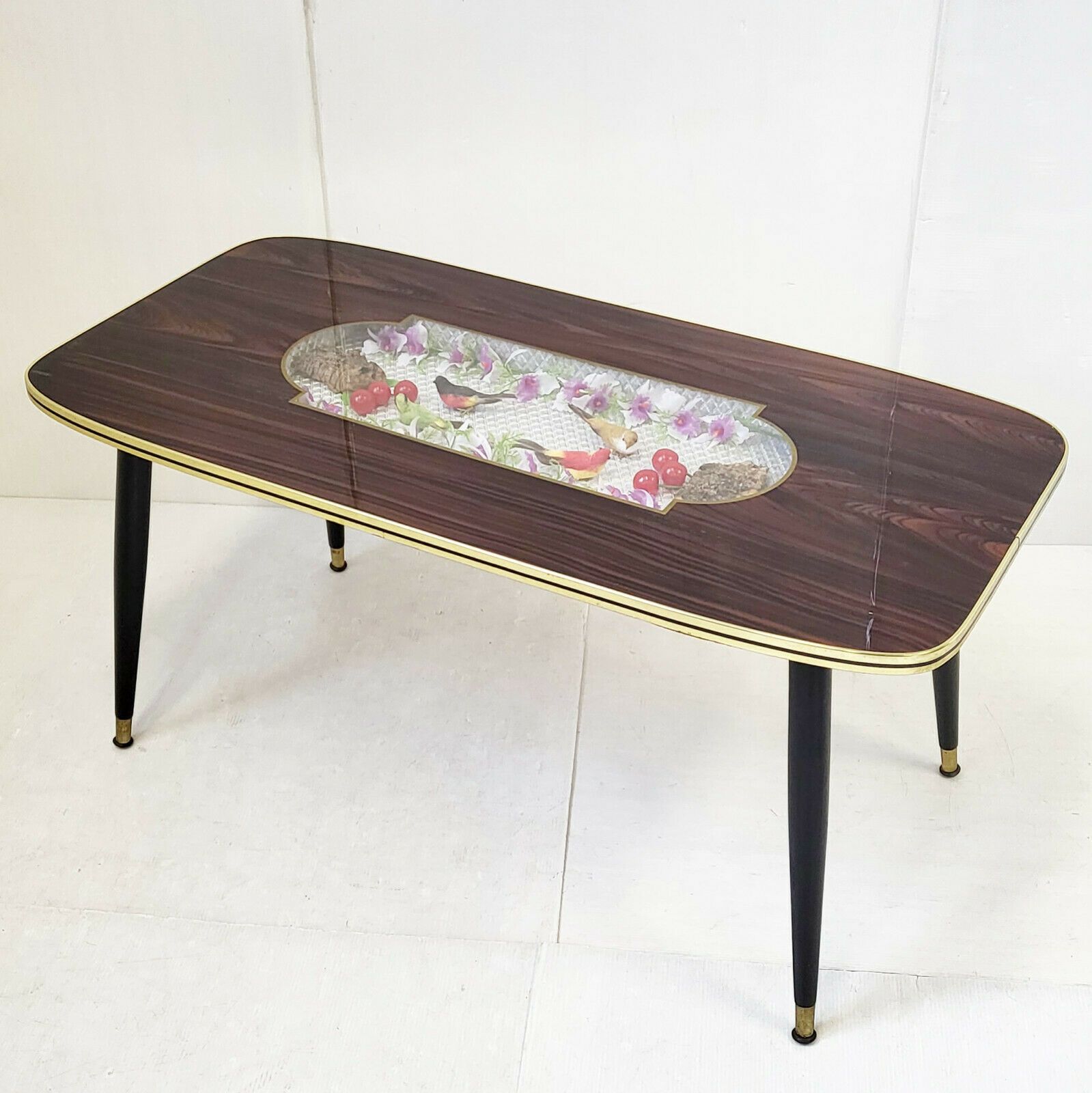 Table Basse Aux Oiseaux 1960 Vintage En Bois Verre & Formica 60s 1960s Annees 60
