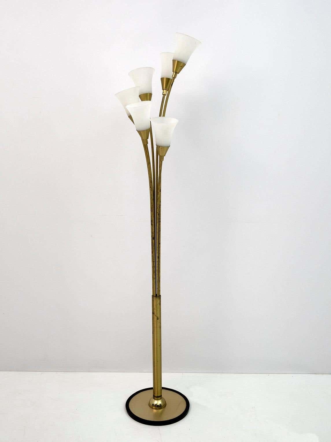 Mid Century Modern Italian Opaline Glass And Gilt Brass Tulip Floor Lamp, 60s photo furniture