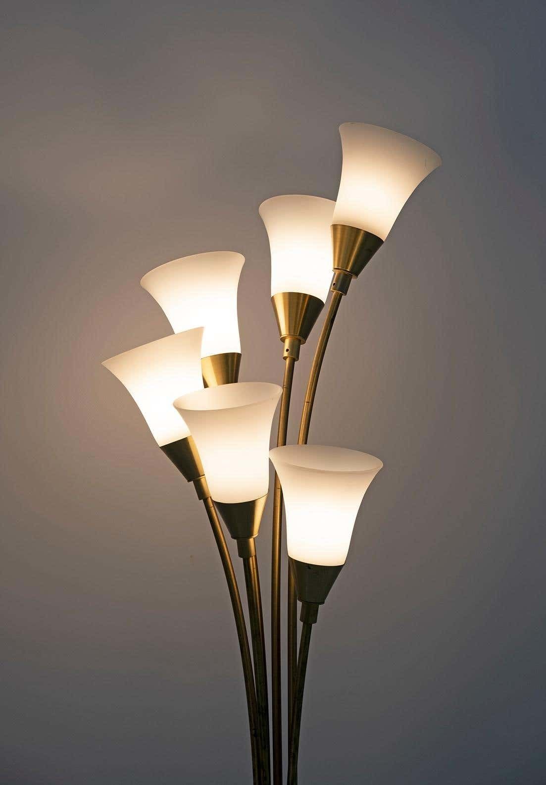 Mid Century Modern Italian Opaline Glass And Gilt Brass Tulip Floor Lamp, 60s photo Lighting