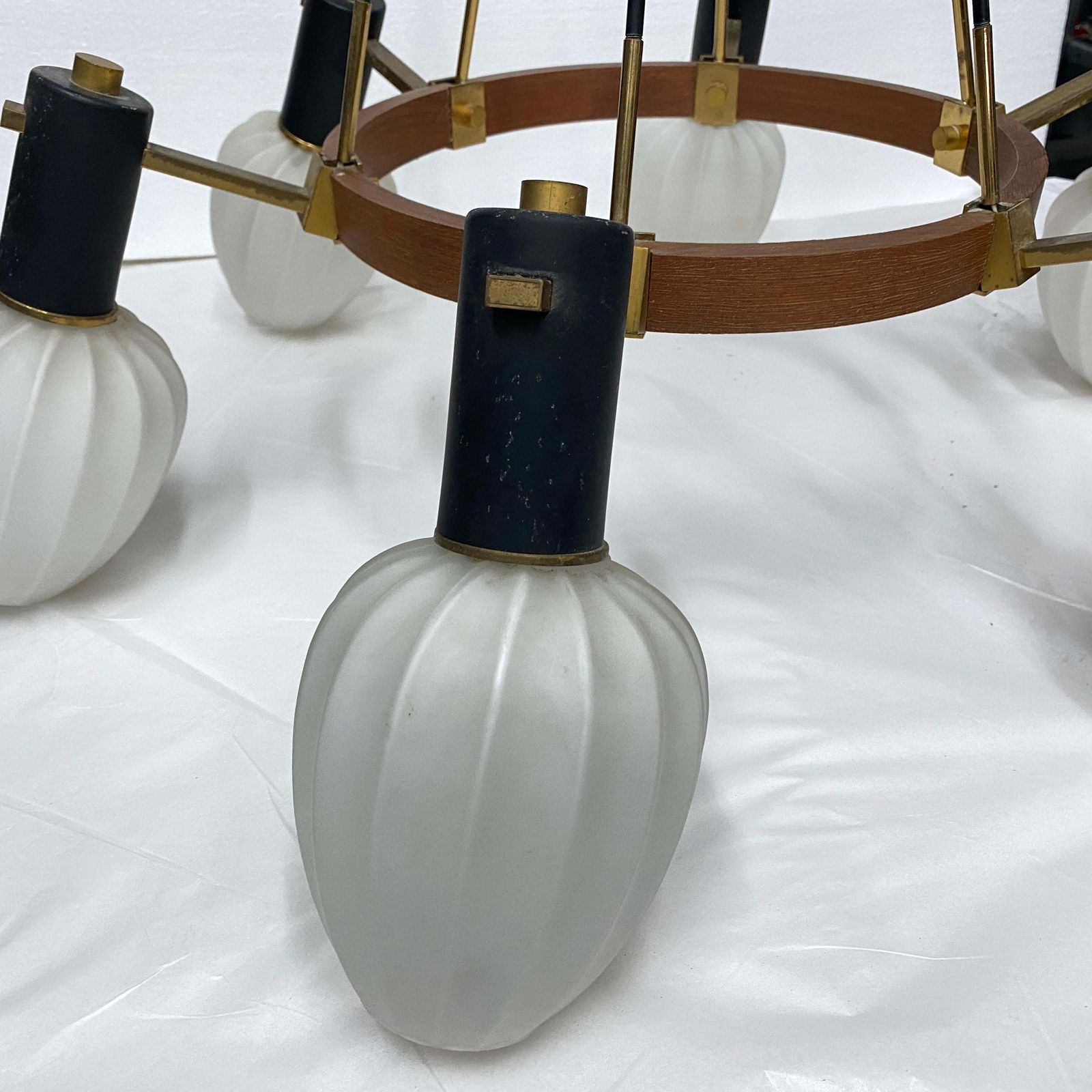 1960s Stilnovo Style Mid Century Modern Brass Teak And Glass Italian Chandelier photo for sale