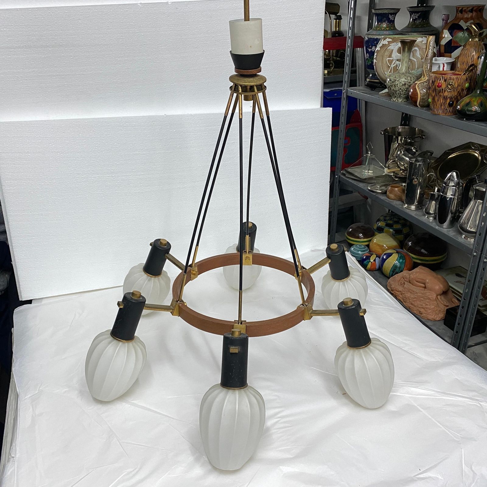 1960s Stilnovo Style Mid Century Modern Brass Teak And Glass Italian Chandelier photo vinterior
