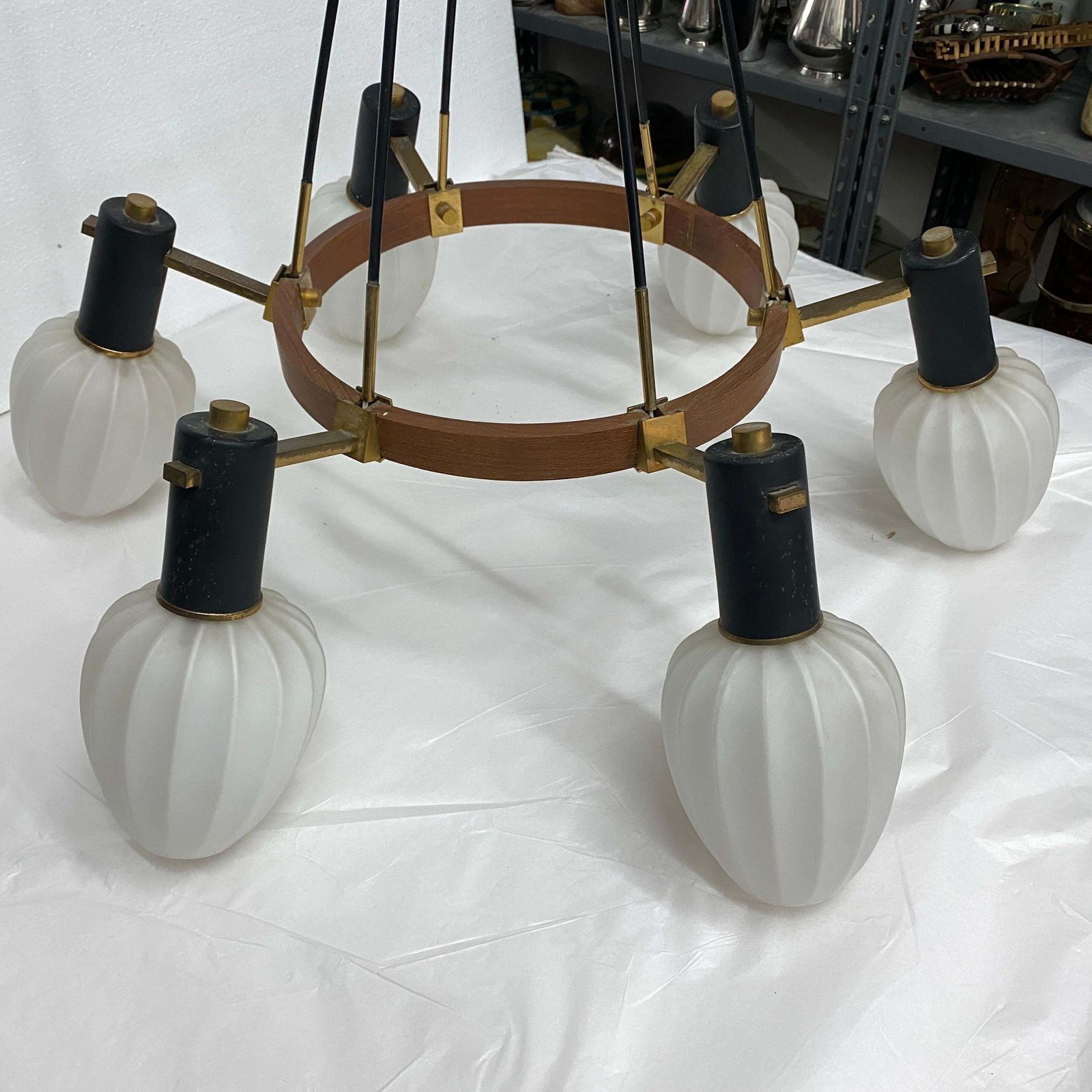 1960s Stilnovo Style Mid Century Modern Brass Teak And Glass Italian Chandelier photo buy