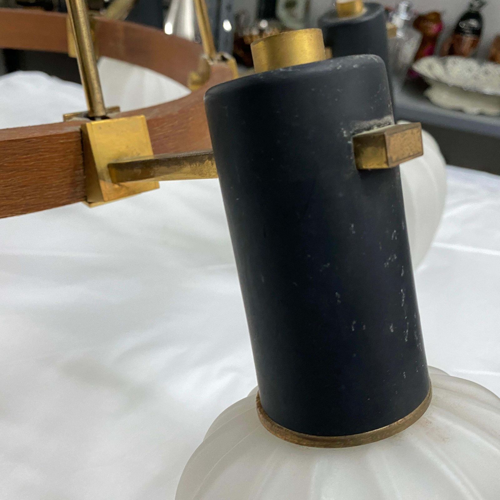 Lighting 1960s Stilnovo Style Mid Century Modern Brass Teak And Glass Italian Chandelier photo