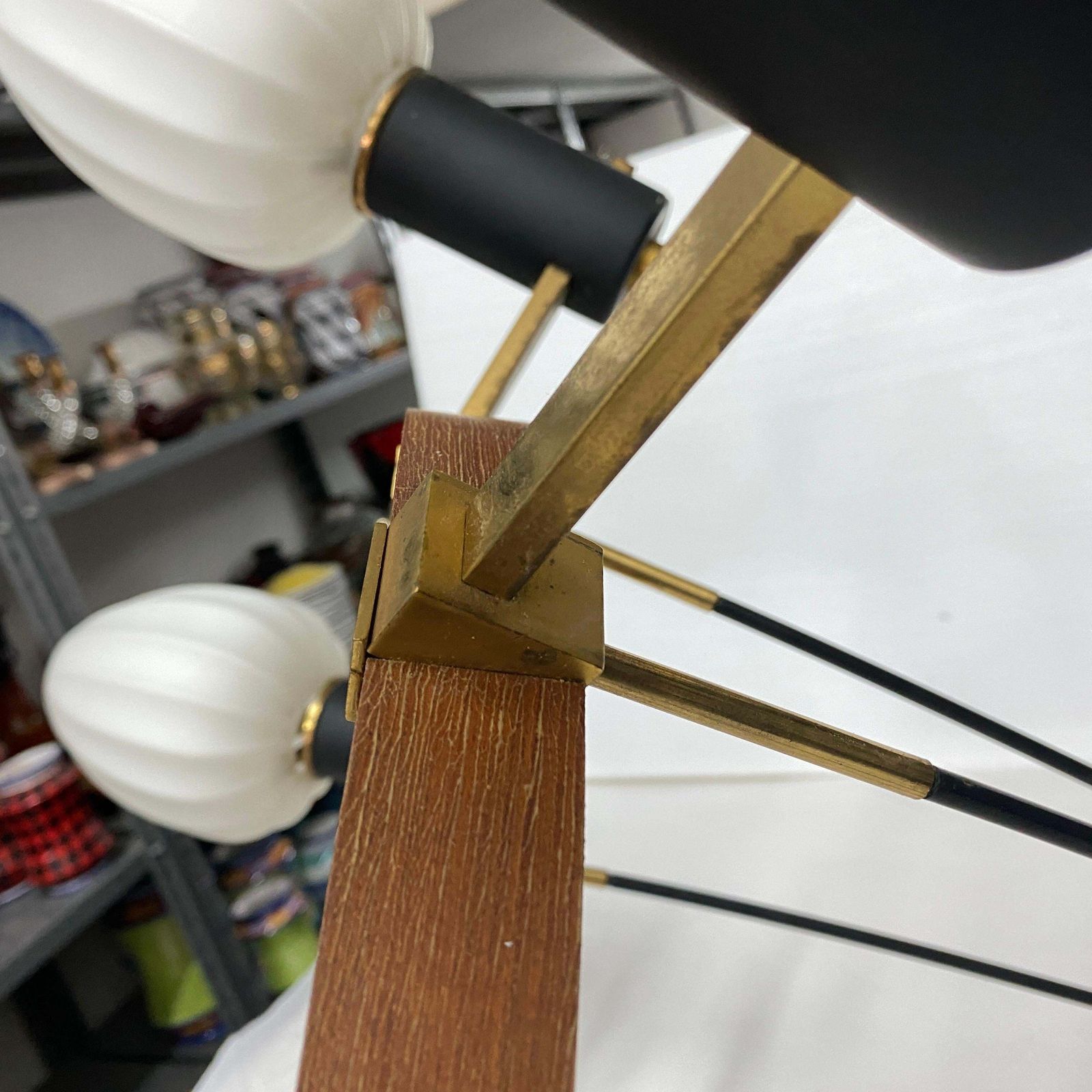 photo buy 1960s Stilnovo Style Mid Century Modern Brass Teak And Glass Italian Chandelier