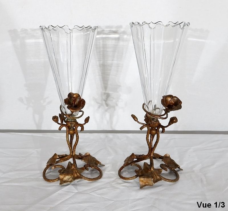 Home Decor Pair Of Crystal Vases, Art Nouveau Period, 1900 photo