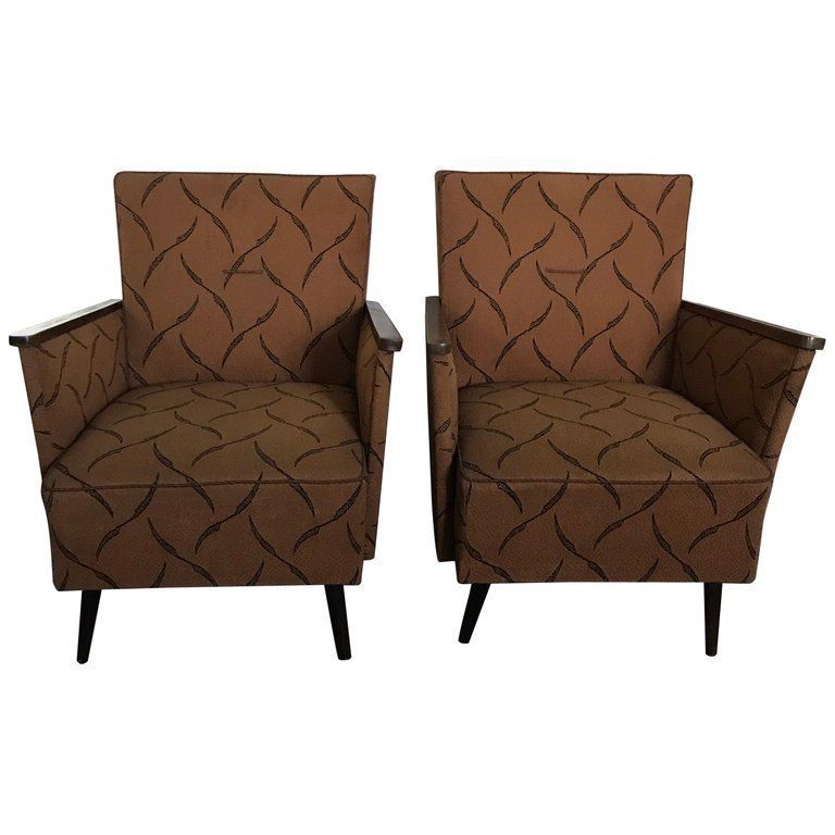 Pair Of Midcentury Original Fabric And Walnut Wood Hungarian Armchairs, 1950