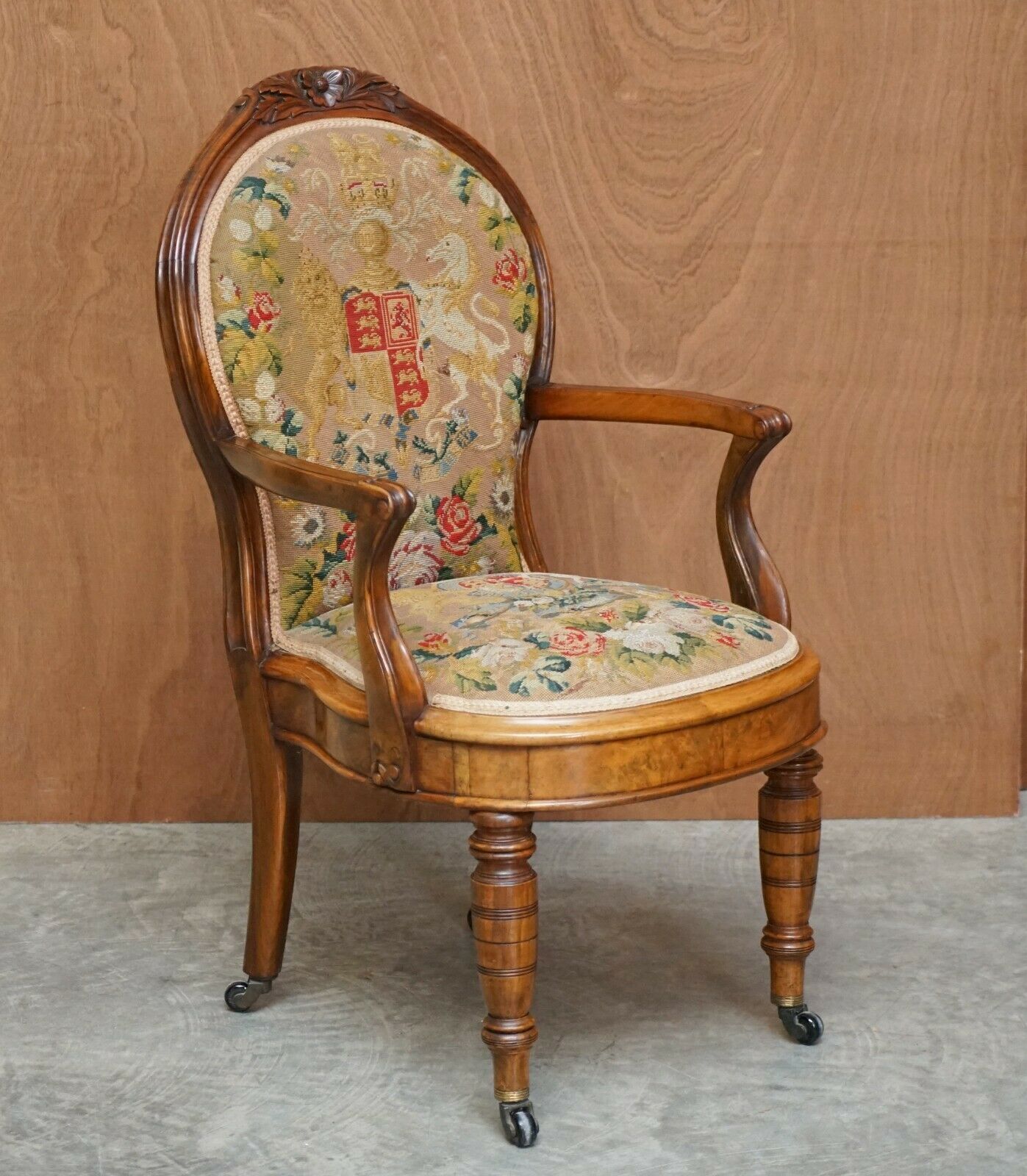 Antique Circa 1860 Victorian Burr Walnut Armchair Royal Coat Of Arms Armorial
