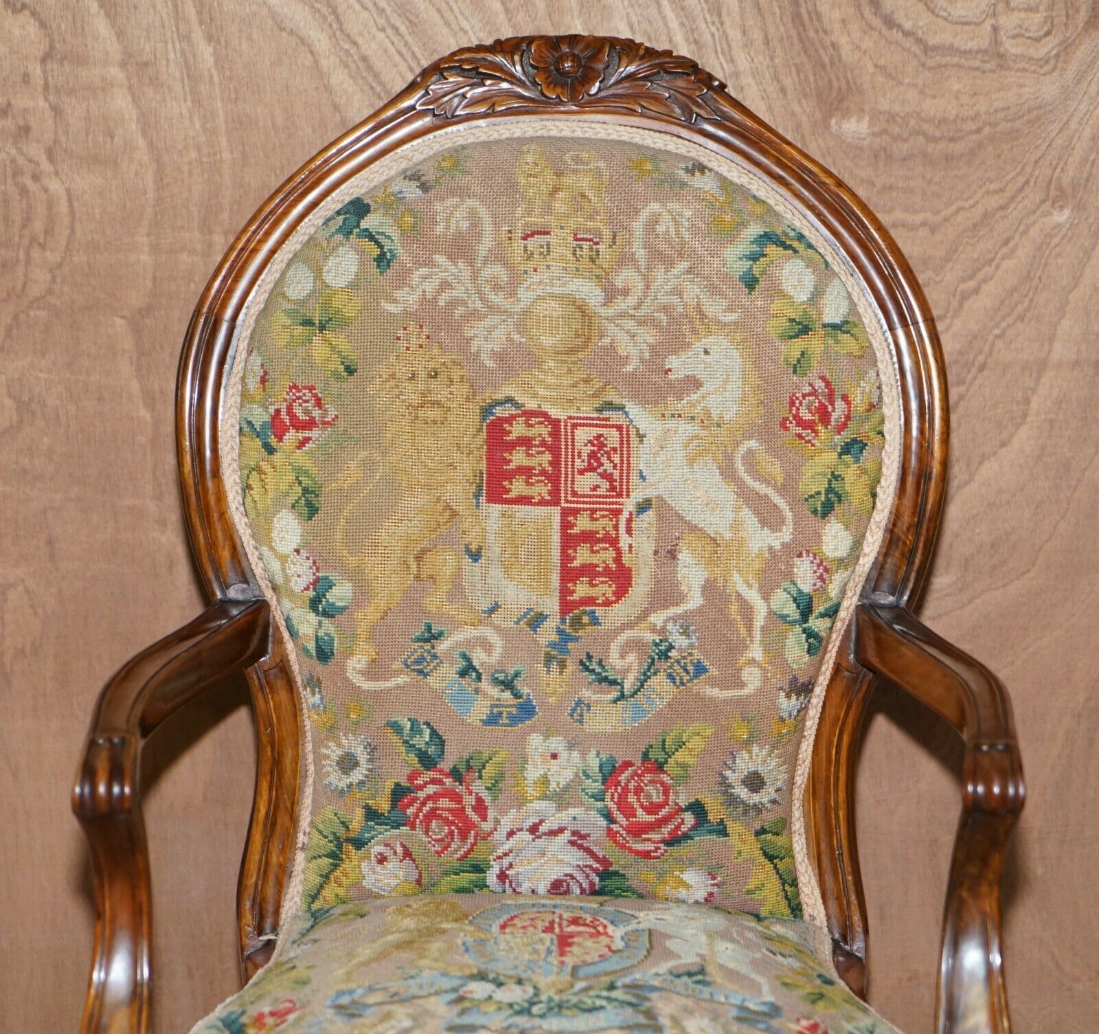 Antique Circa 1860 Victorian Burr Walnut Armchair Royal Coat Of Arms Armorial photo for sale