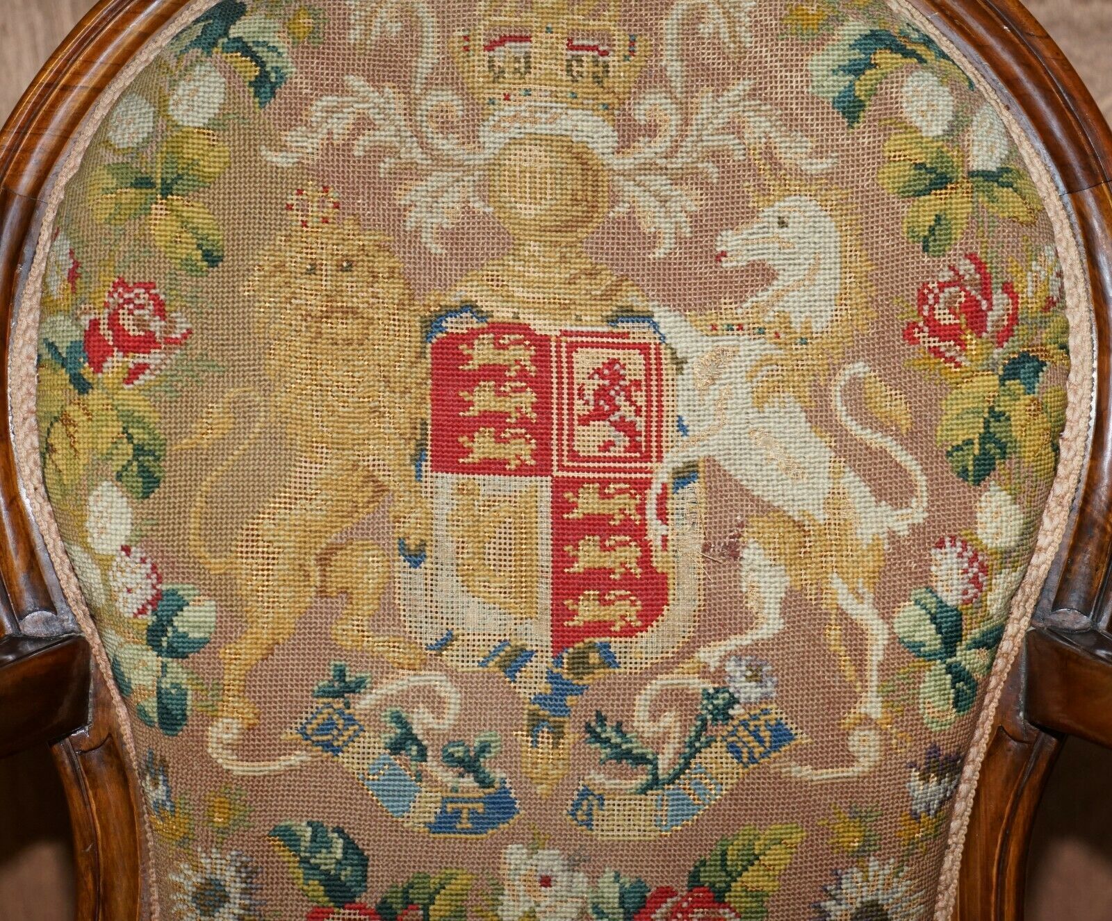 Antique Circa 1860 Victorian Burr Walnut Armchair Royal Coat Of Arms Armorial photo Furniture