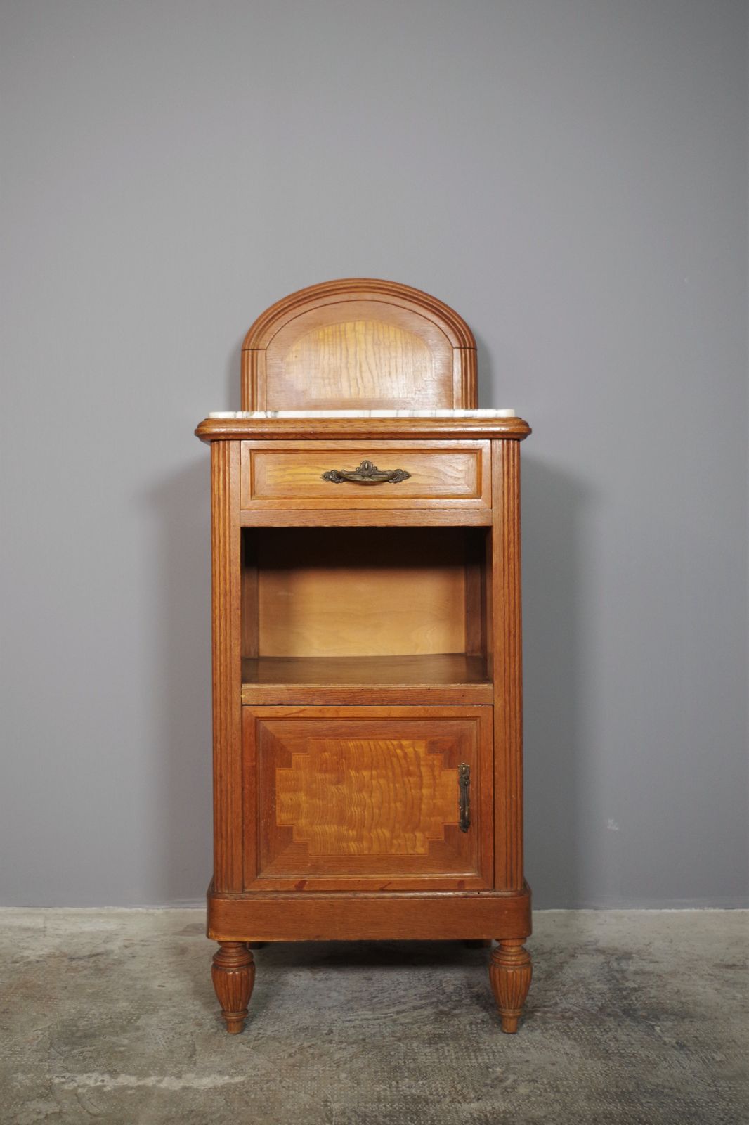 Bedside Table Of The 40s / 50s In Cherry And Beech Wood, With Marble Top And Two Brass Handles.