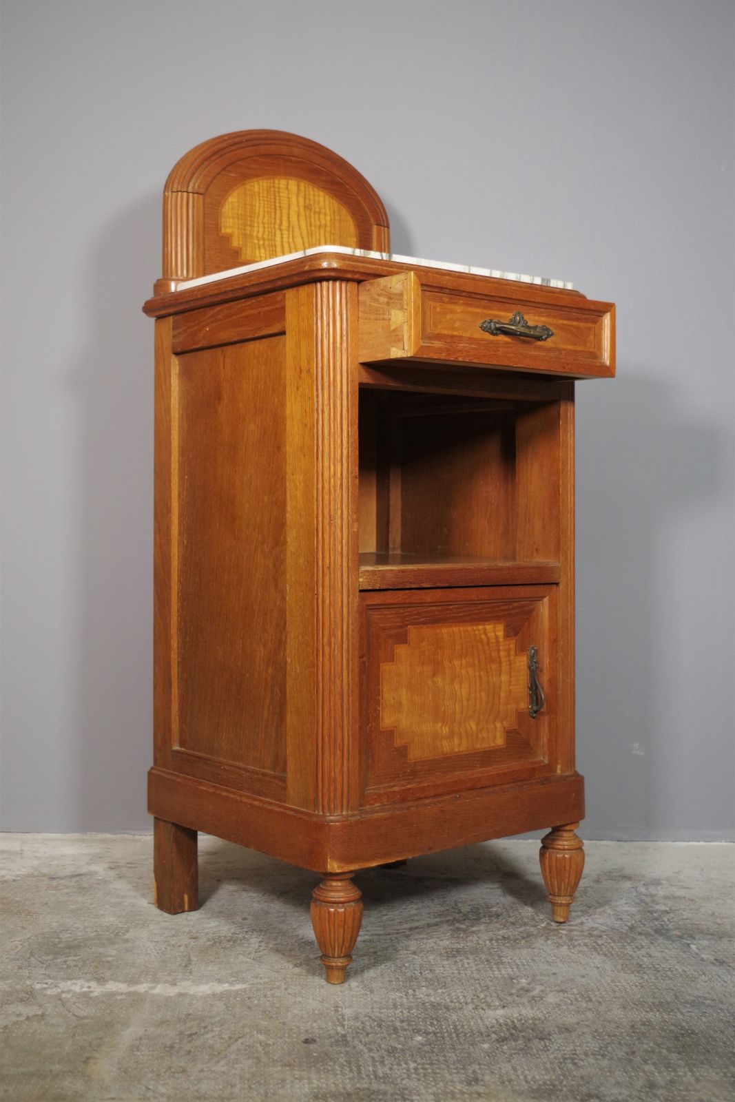 photo furniture Bedside Table Of The 40s / 50s In Cherry And Beech Wood, With Marble Top And Two Brass Handles.