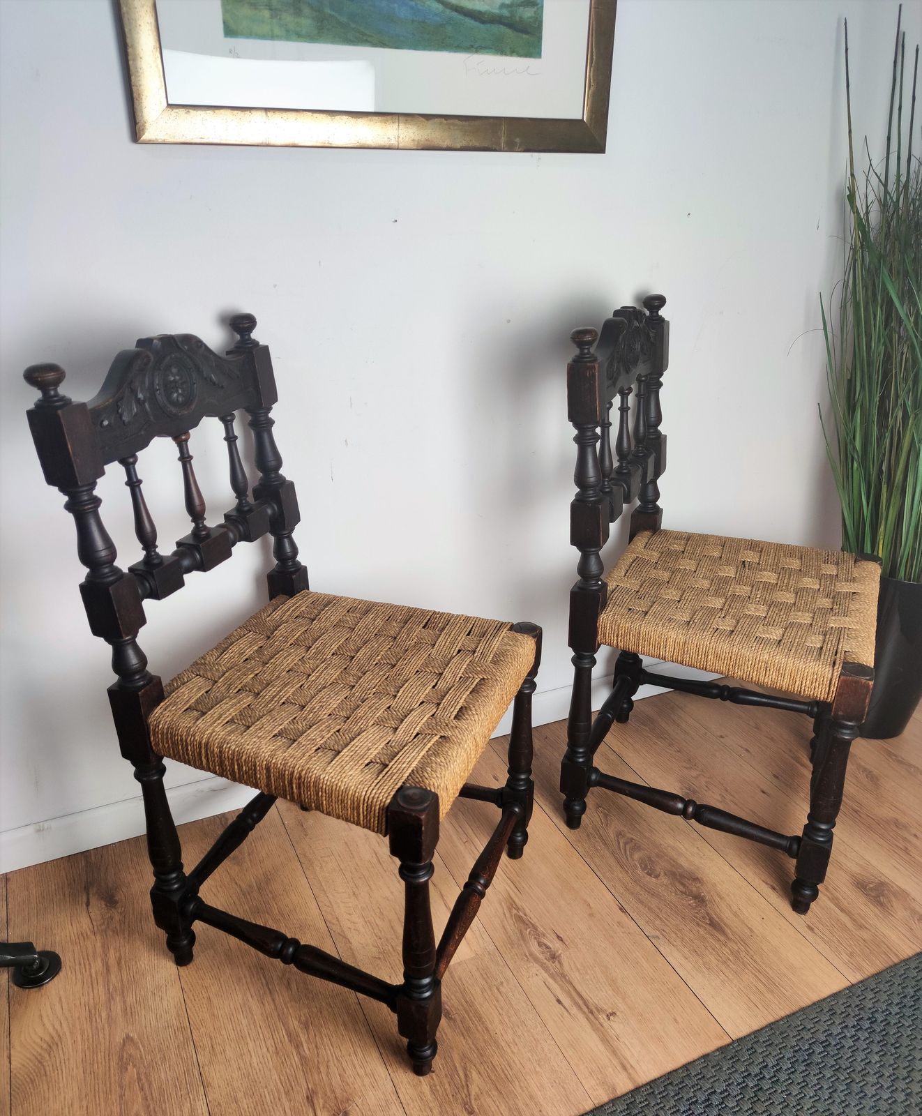 Pair Of 1960s Italian Midcentury Carved Wood And Cord Woven Rope Chairs Stools photo buy