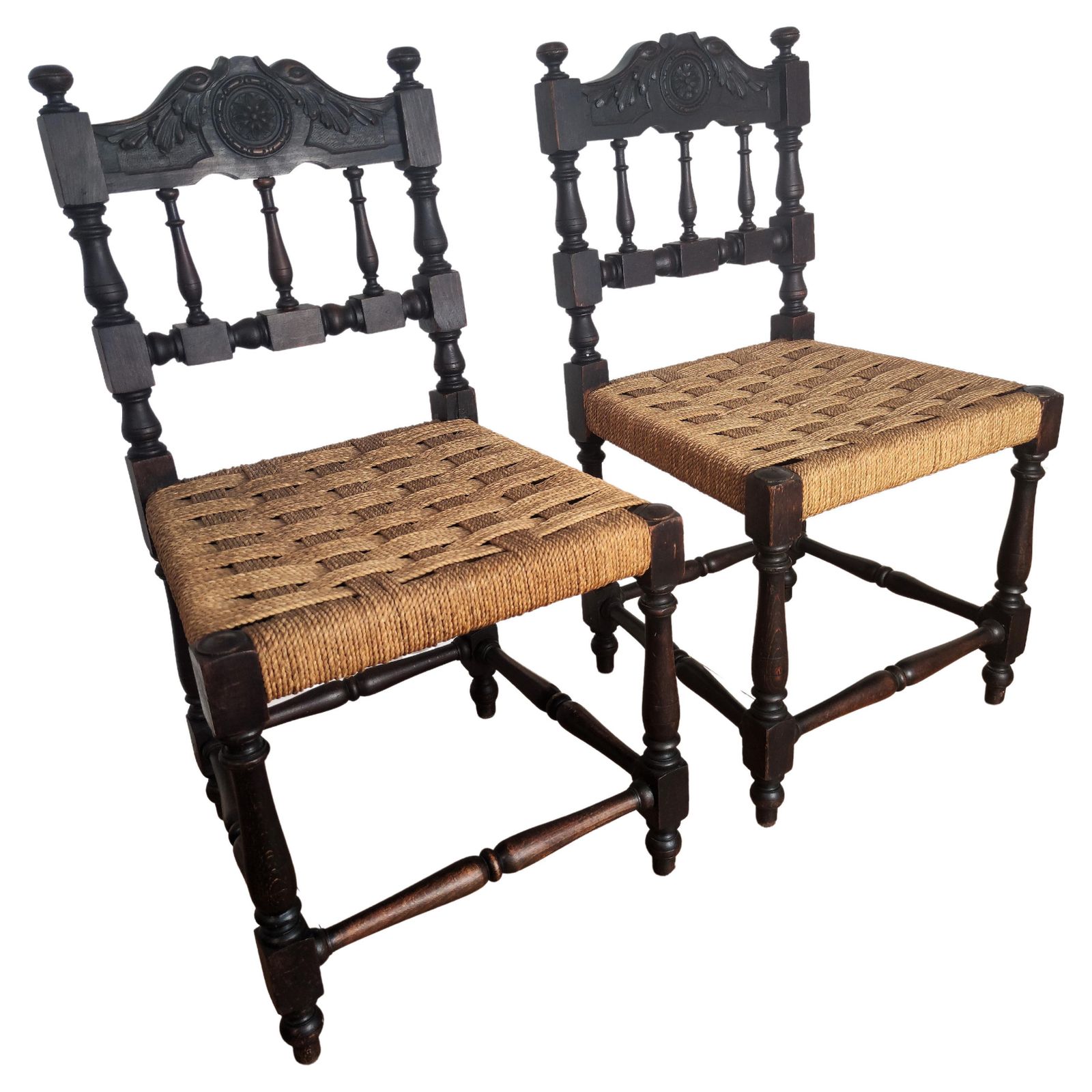 Pair Of 1960s Italian Midcentury Carved Wood And Cord Woven Rope Chairs Stools