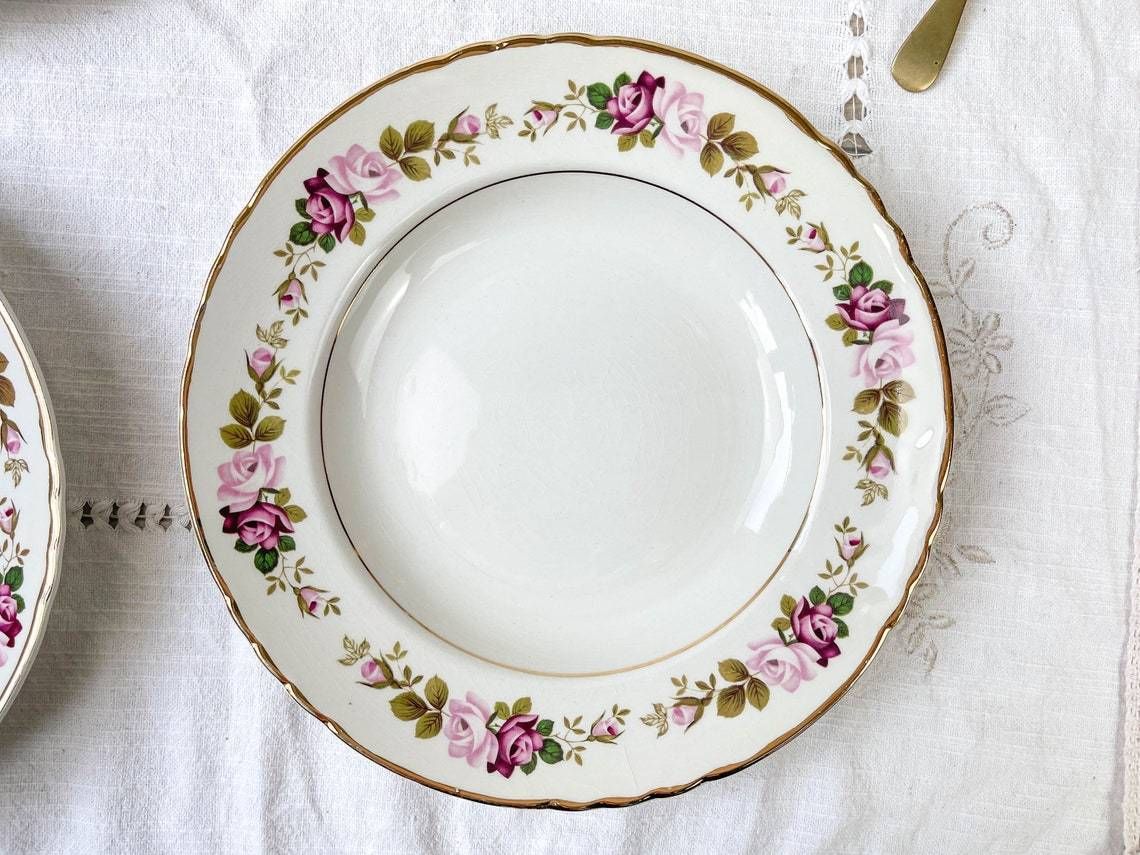 6 Soup Plates In Flowered Earthenware Moulin Des Loups Model "Amboise" Vintage ~ Plates Pink Flowers ~ French Vintage Tableware Flower photo vintage