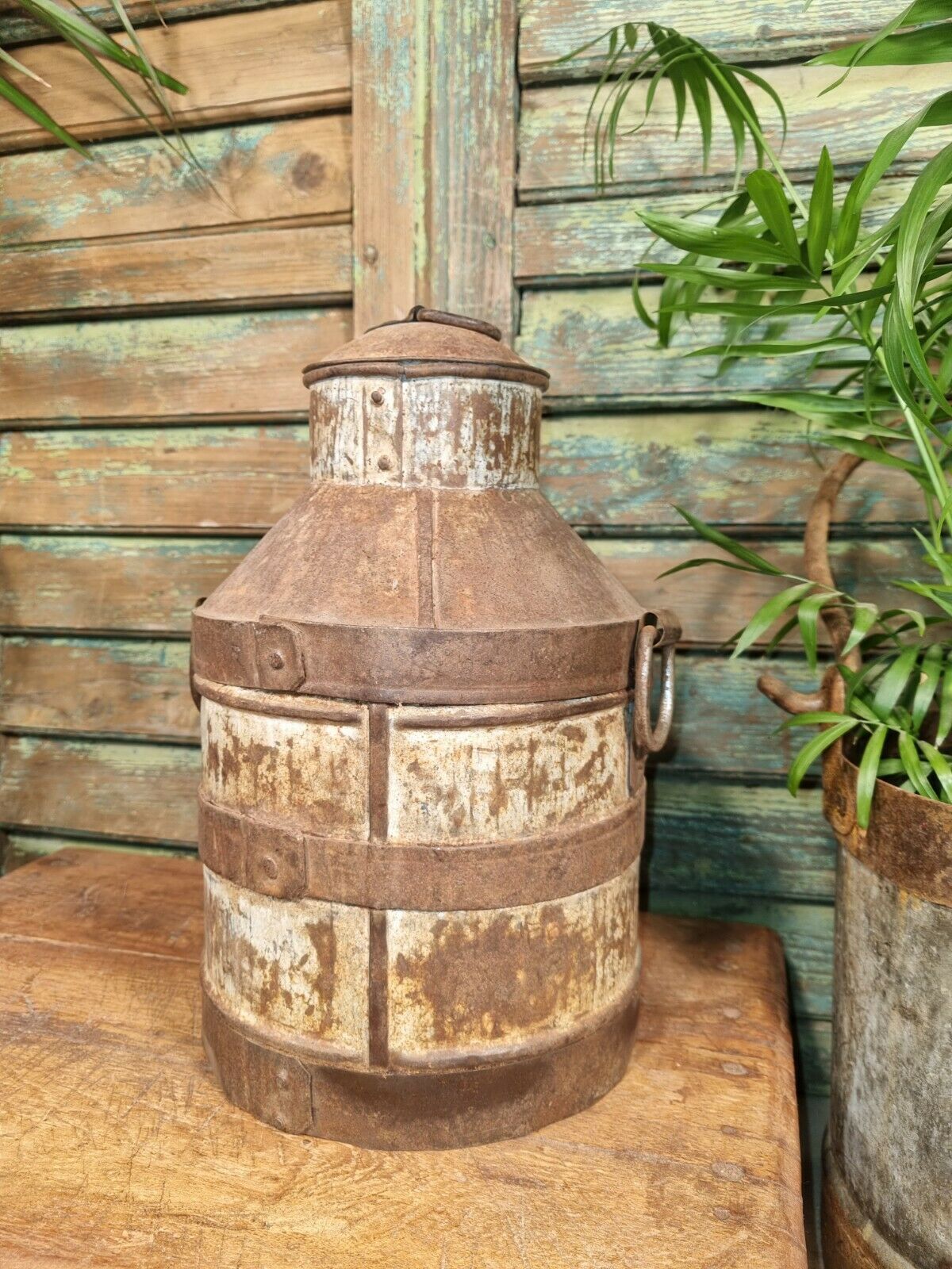 Vintage Heavy Duty Indian Riveted Banded Iron Milk Churn Vase Garden Planter photo for sale