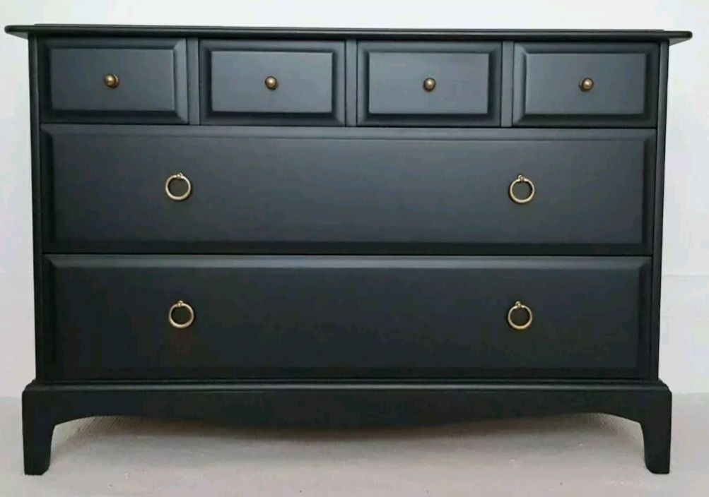 photo buy Stag Minstrel Painted Bedroom Set, Black Bedside Cabinets, Black Tallboy, Lowboy And & Chest Of Drawers.