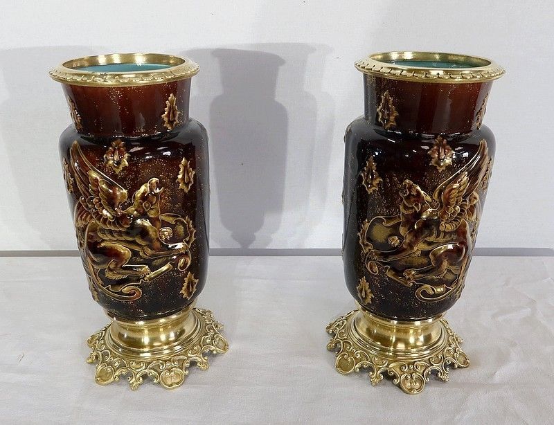 Pair Of Earthenware And Bronze Vases, By E. Gilles   2nd Half Of The 19th Century