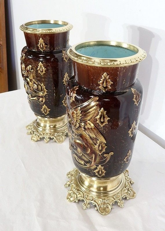 Pair Of Earthenware And Bronze Vases, By E. Gilles   2nd Half Of The 19th Century photo for sale