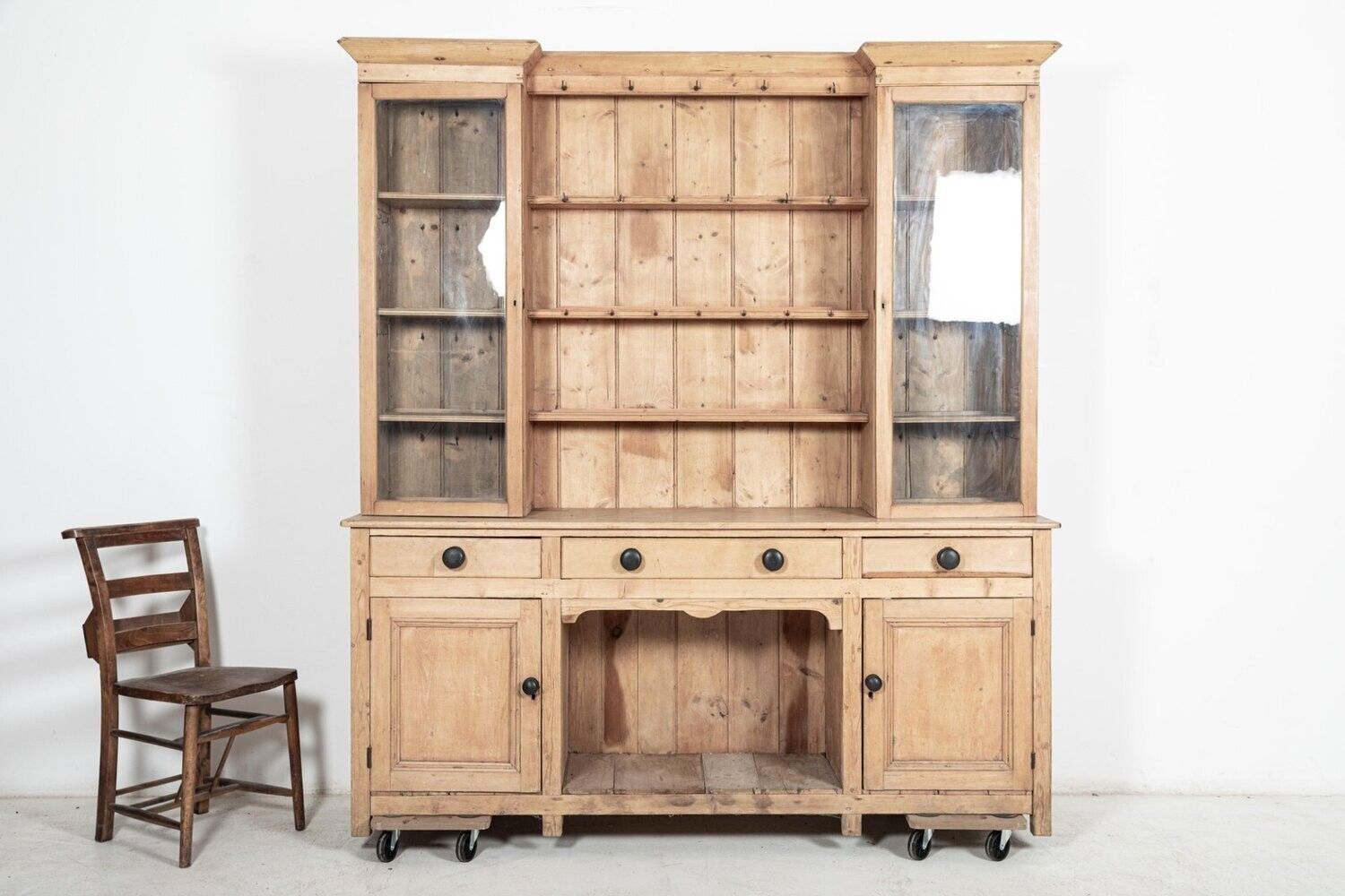 Large 19thc English Glazed Inverted Breakfront Pine Dresser photo for sale