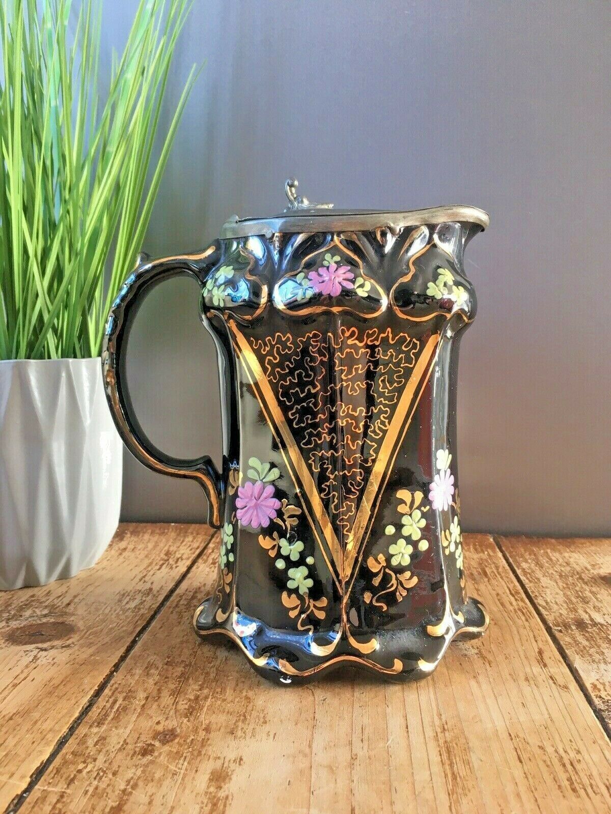 Victorian Jackfield Floral Gilded Pewter Lidded Hot Water Jug Gibsons Jetware photo Home Decor