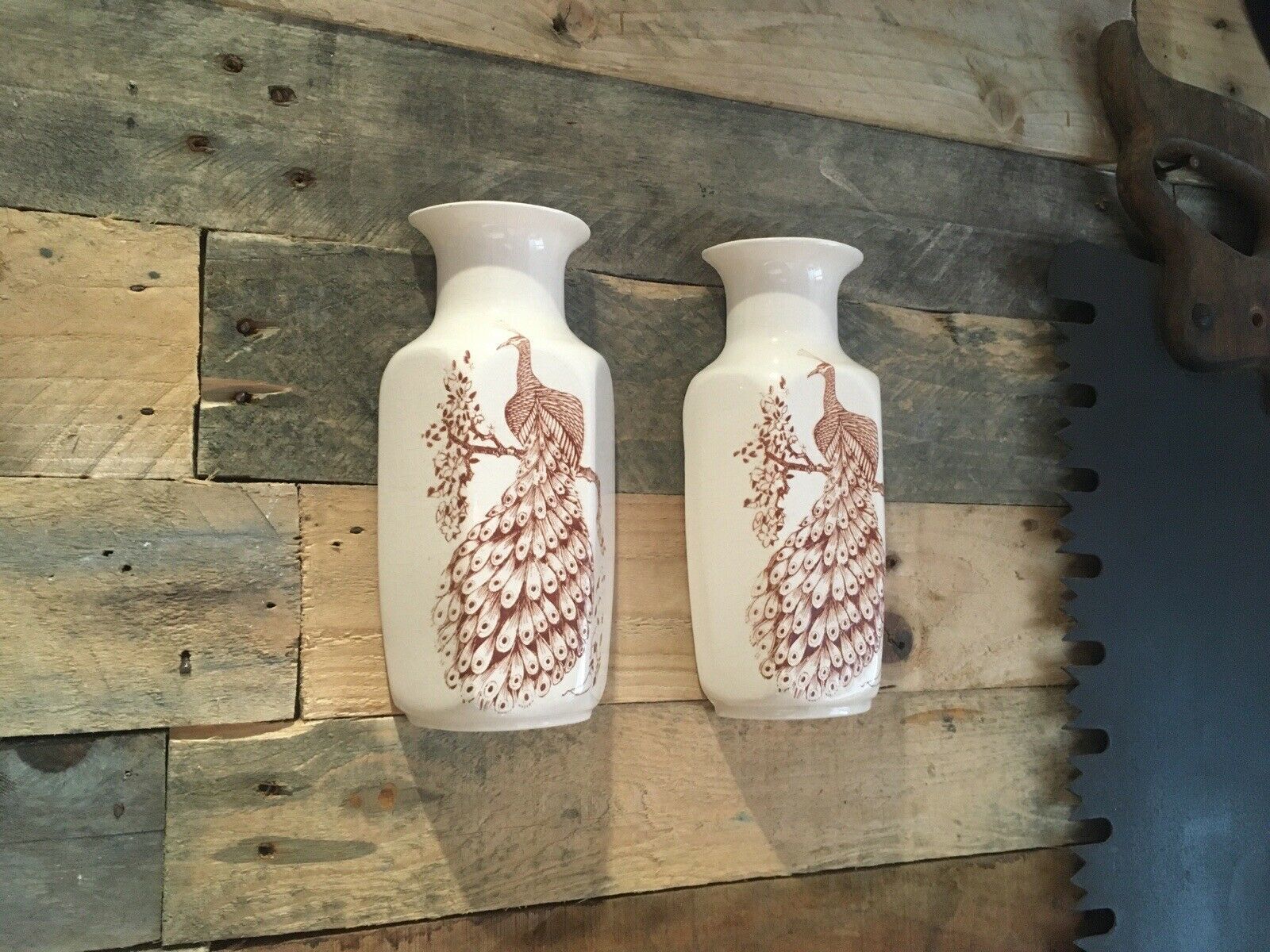 Pair Of Kingston Pottery Peacock Wall Plaque Pocket Vase Urns Aesthetic Movement