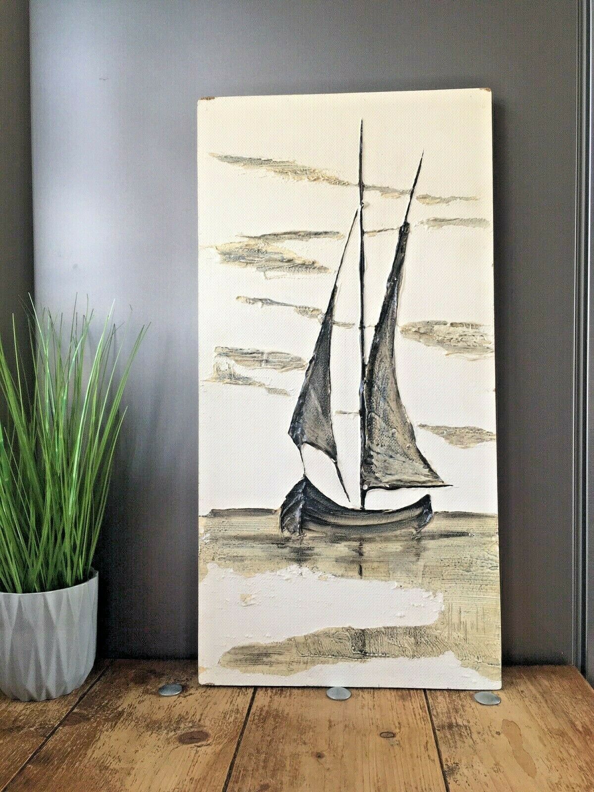 Large Mid Century 60's Sailboat Oil Painting Grey Clouds Seascape Abstract Art photo Art