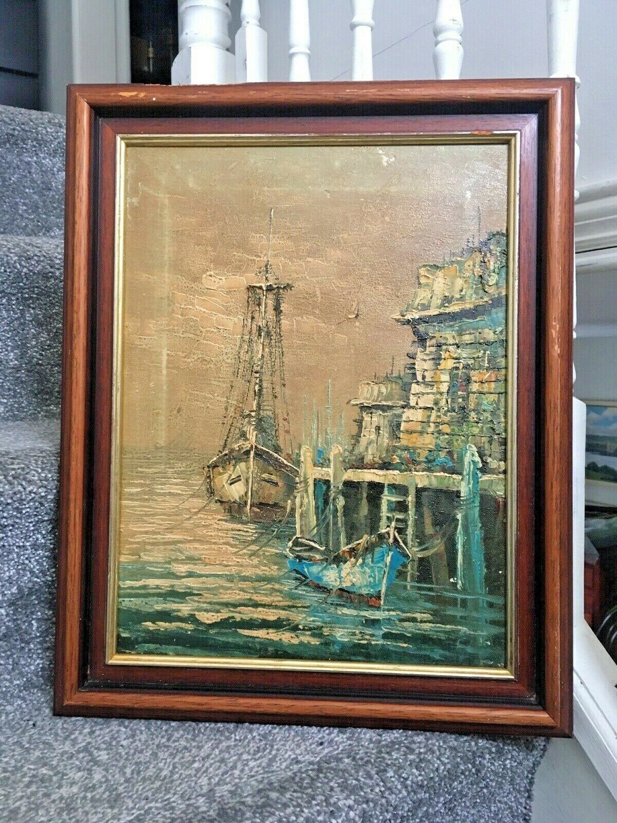 Large Mid Century 60's Sailboat Oil Painting Harbour Port Seascape Abstract Art
