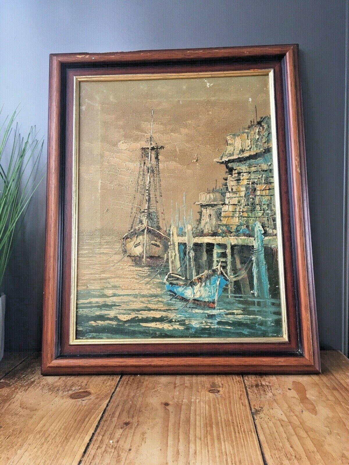 Large Mid Century 60's Sailboat Oil Painting Harbour Port Seascape Abstract Art photo for sale