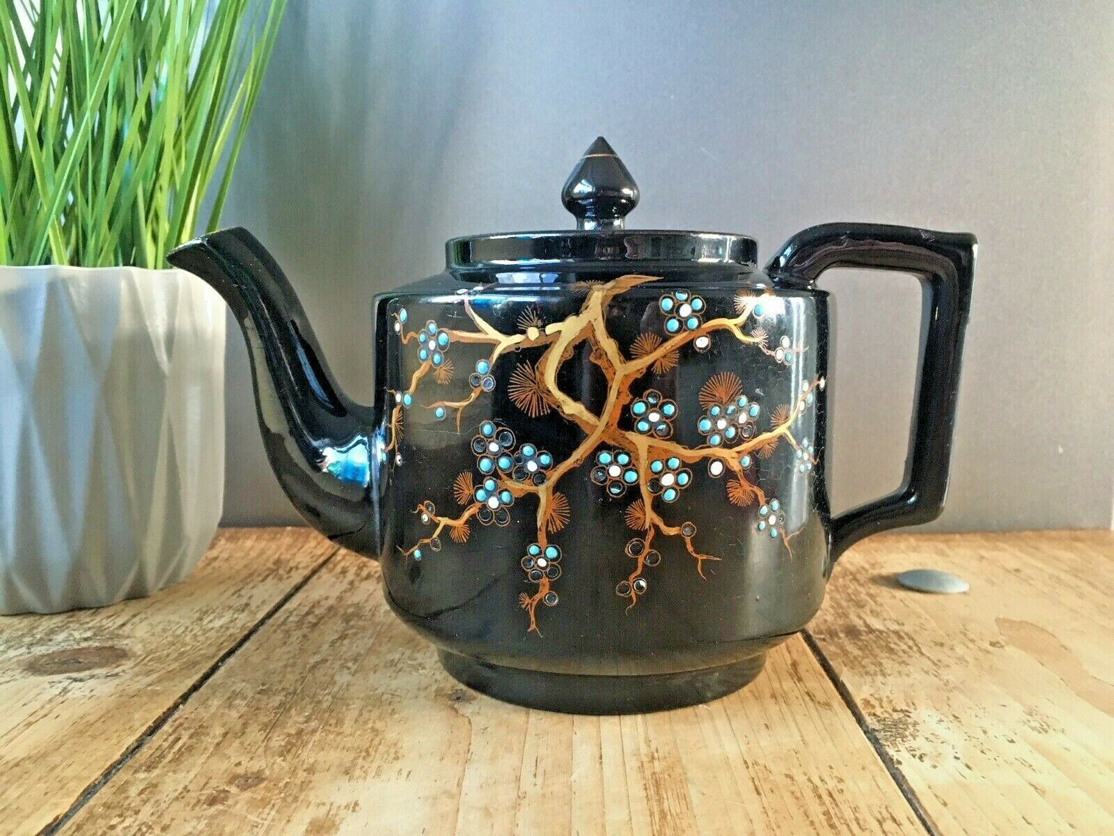 Victorian Gibsons Blue Floral Gold Tree Oriental Indian Teapot Jackfield Jetware photo Home Decor