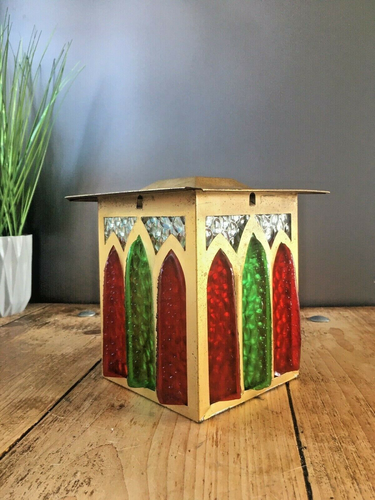 Superb Mid Century Hanging Lantern Faux Stained Glass Ceiling Light Lamp Shade photo for sale