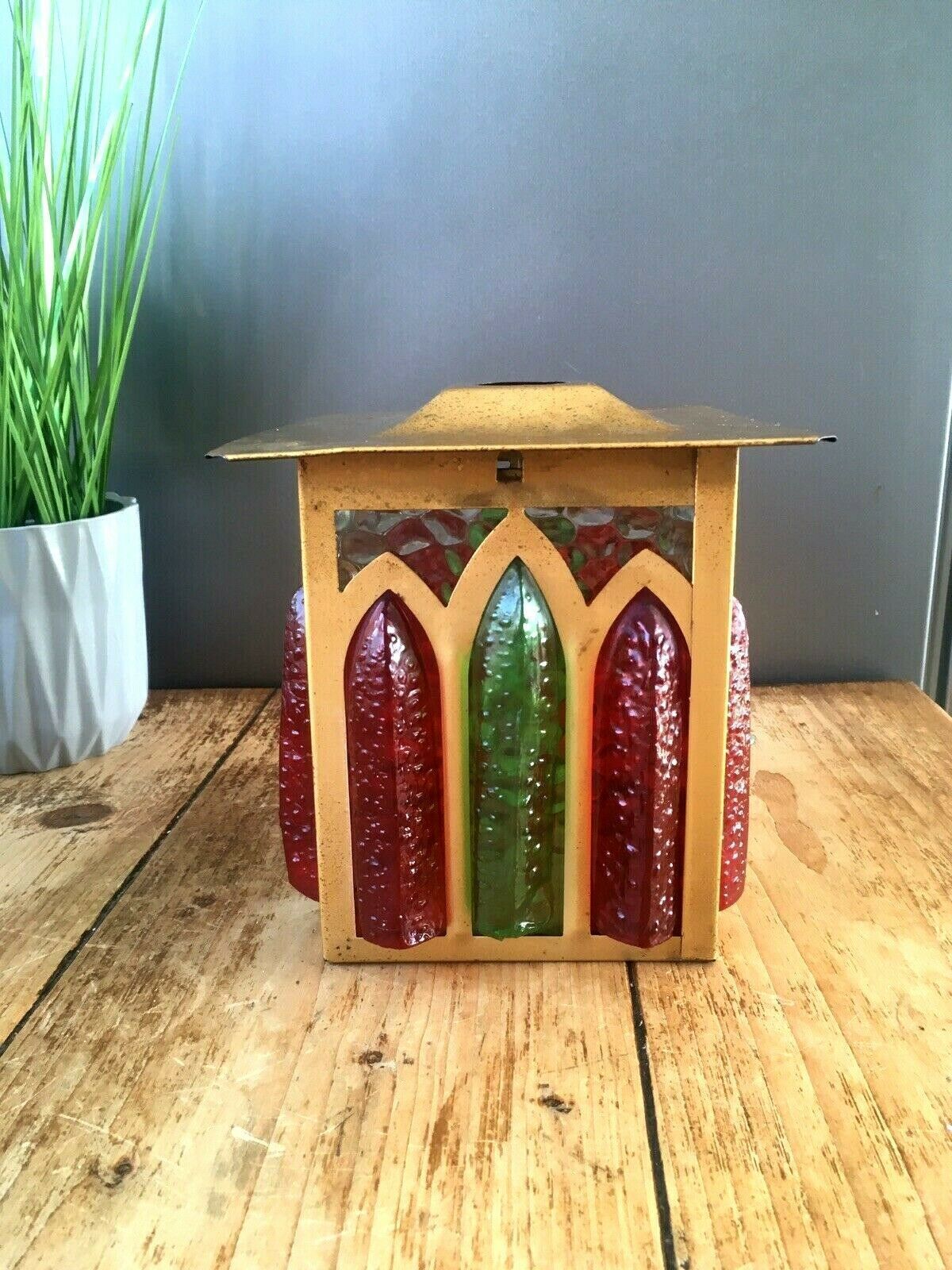 Superb Mid Century Hanging Lantern Faux Stained Glass Ceiling Light Lamp Shade photo vinterior