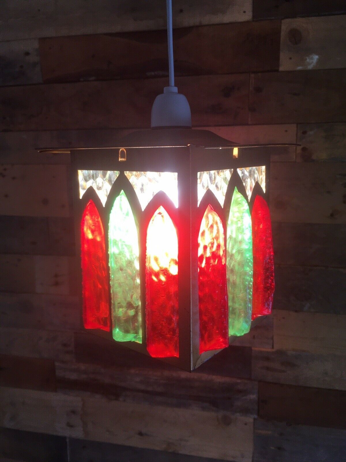 photo for sale Superb Mid Century Hanging Lantern Faux Stained Glass Ceiling Light Lamp Shade