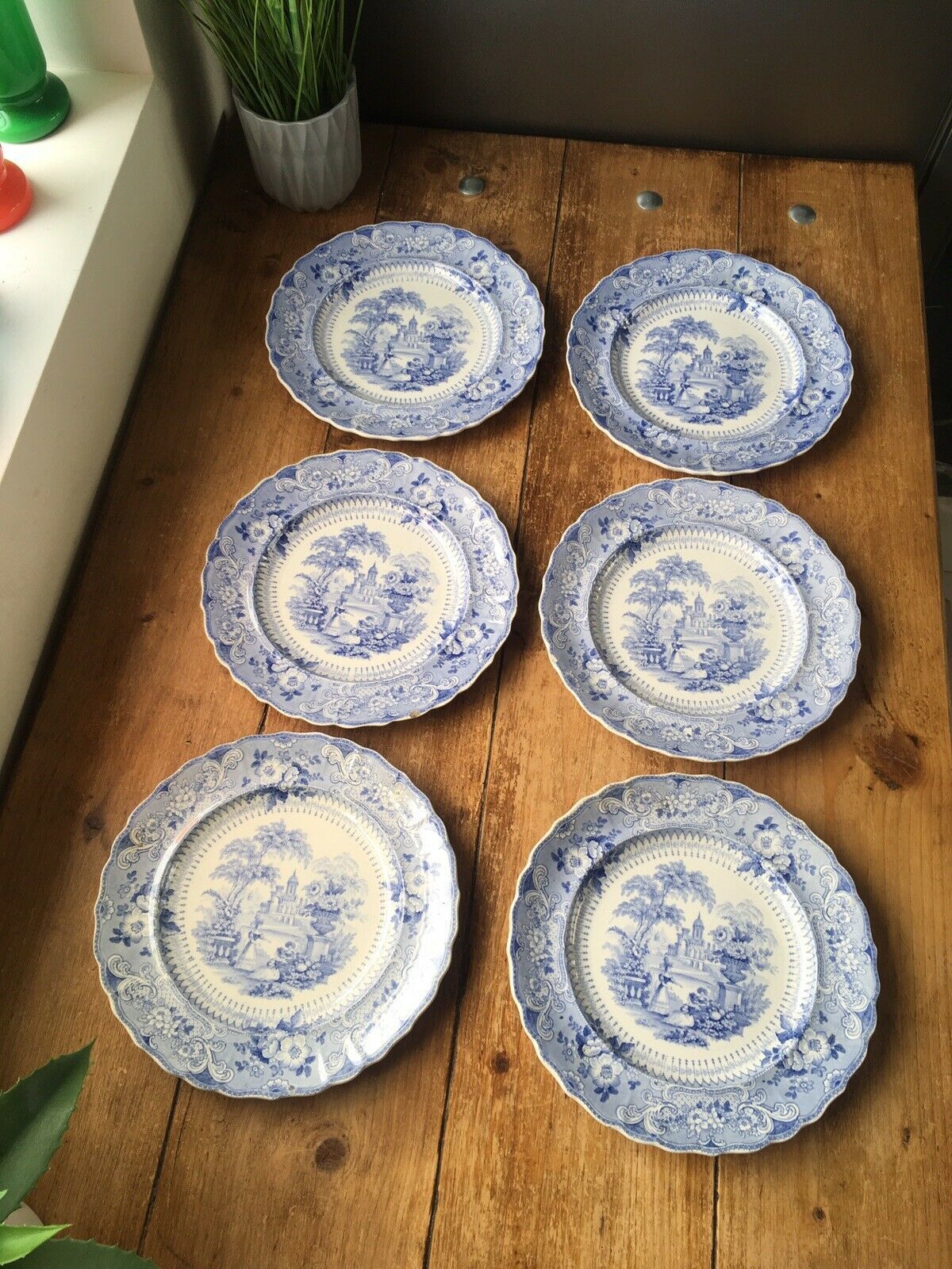 photo for sale V.Rare Set Of 6 C1834 59 Podmore Walker & Co Pre Wedgwood Florentine Plates Pw