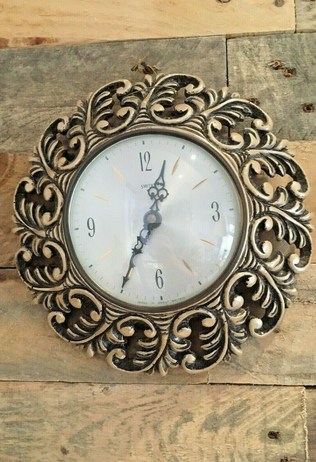 Mid Century Smiths Rococo Style Ornate Convex Battery Wall Clock 50's 60's 70's photo 50.0