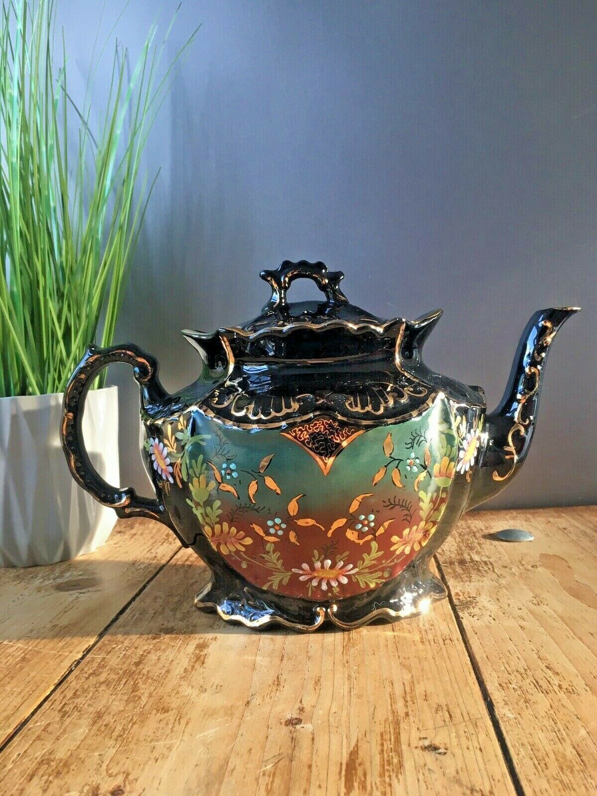 Antique Victorian Jackfield Black Green Rust Gilt Floral Teapot Gibsons Jetware photo for sale