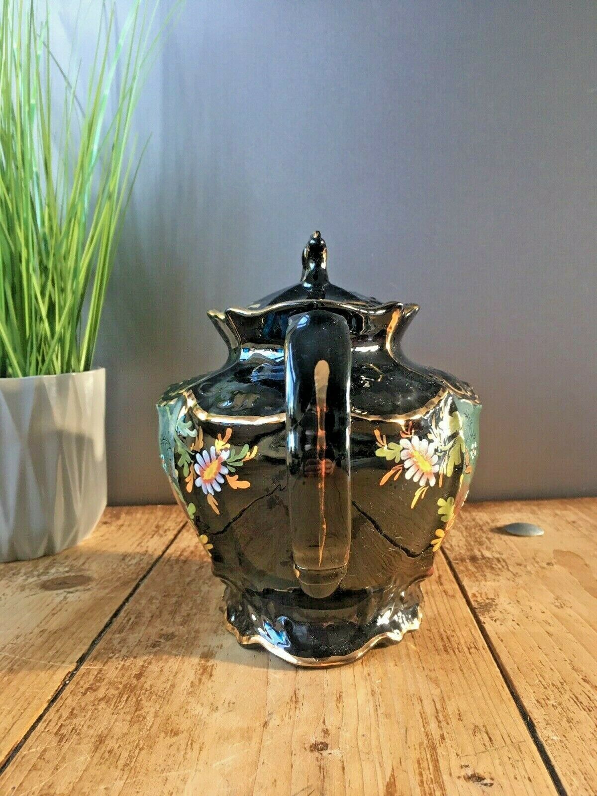 Antique Victorian Jackfield Black Green Rust Gilt Floral Teapot Gibsons Jetware photo vinterior