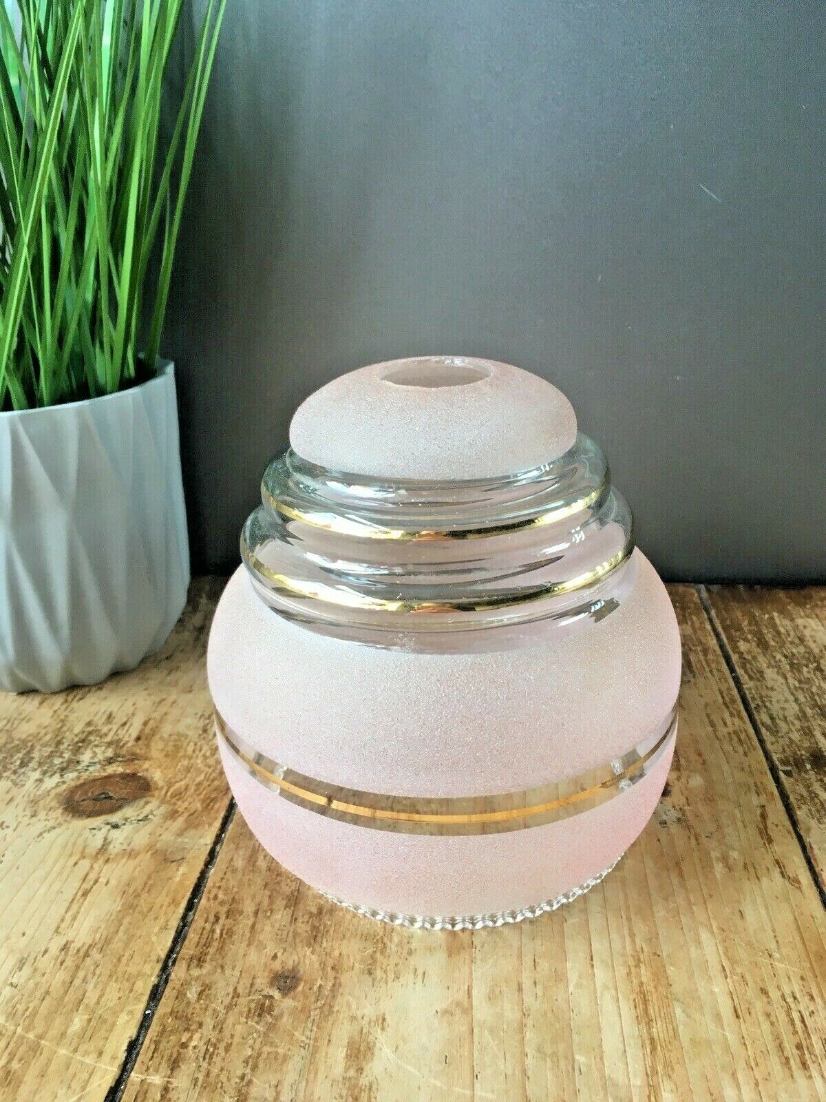 Art Deco Pink Sugar Frosted Beehive Gilded Bands Glass Lamp Light Shade photo for sale